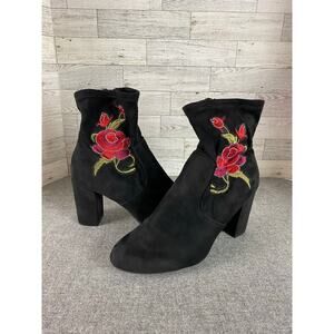 CANDIE’S BLACK Suede Ankle Boots - EMBROIDERED FLOWER  SIZE 9.5
